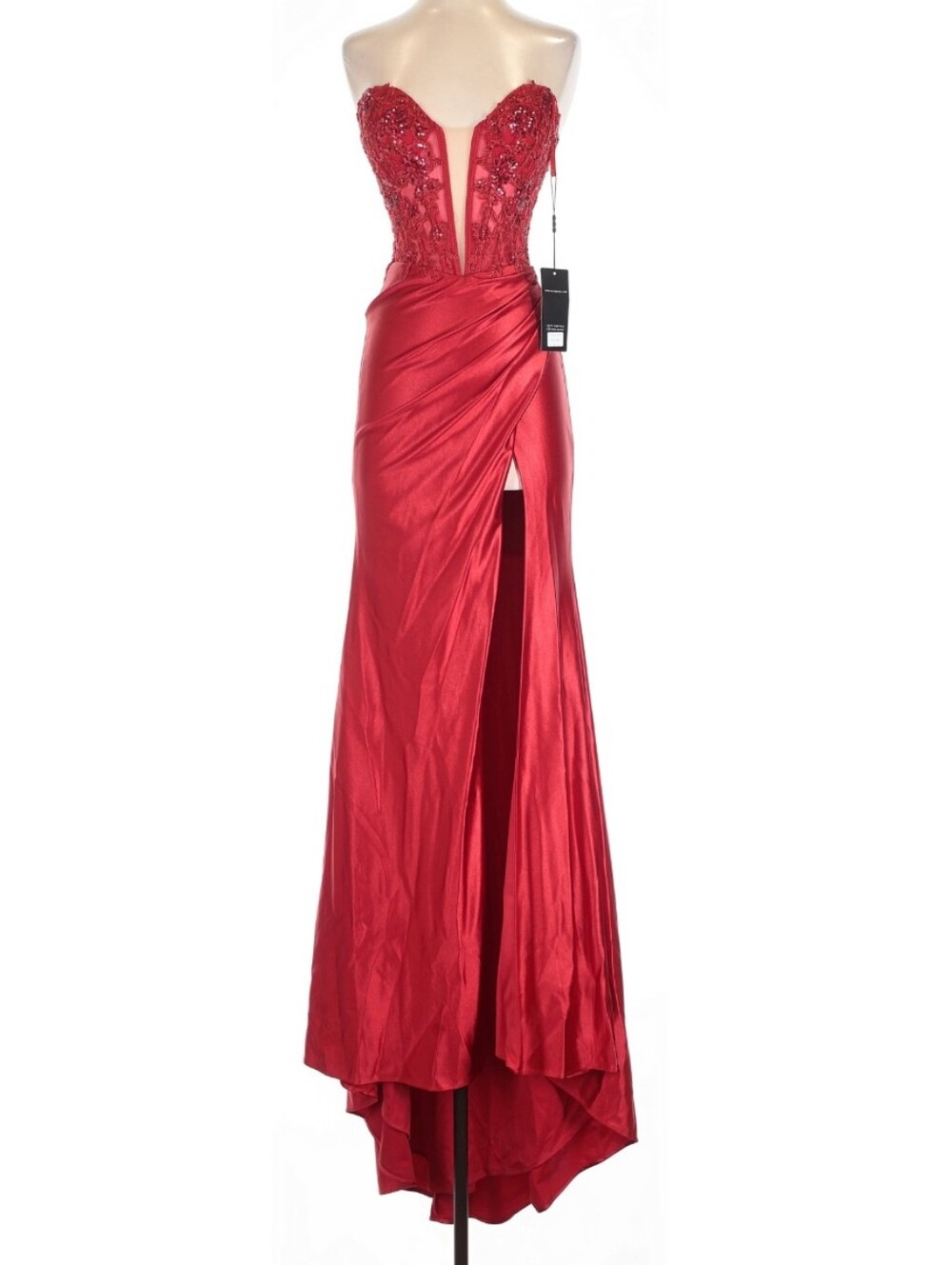 Nox Anabel Red Satin Plunge Beaded Corset Prom Dress Size 2 NWT